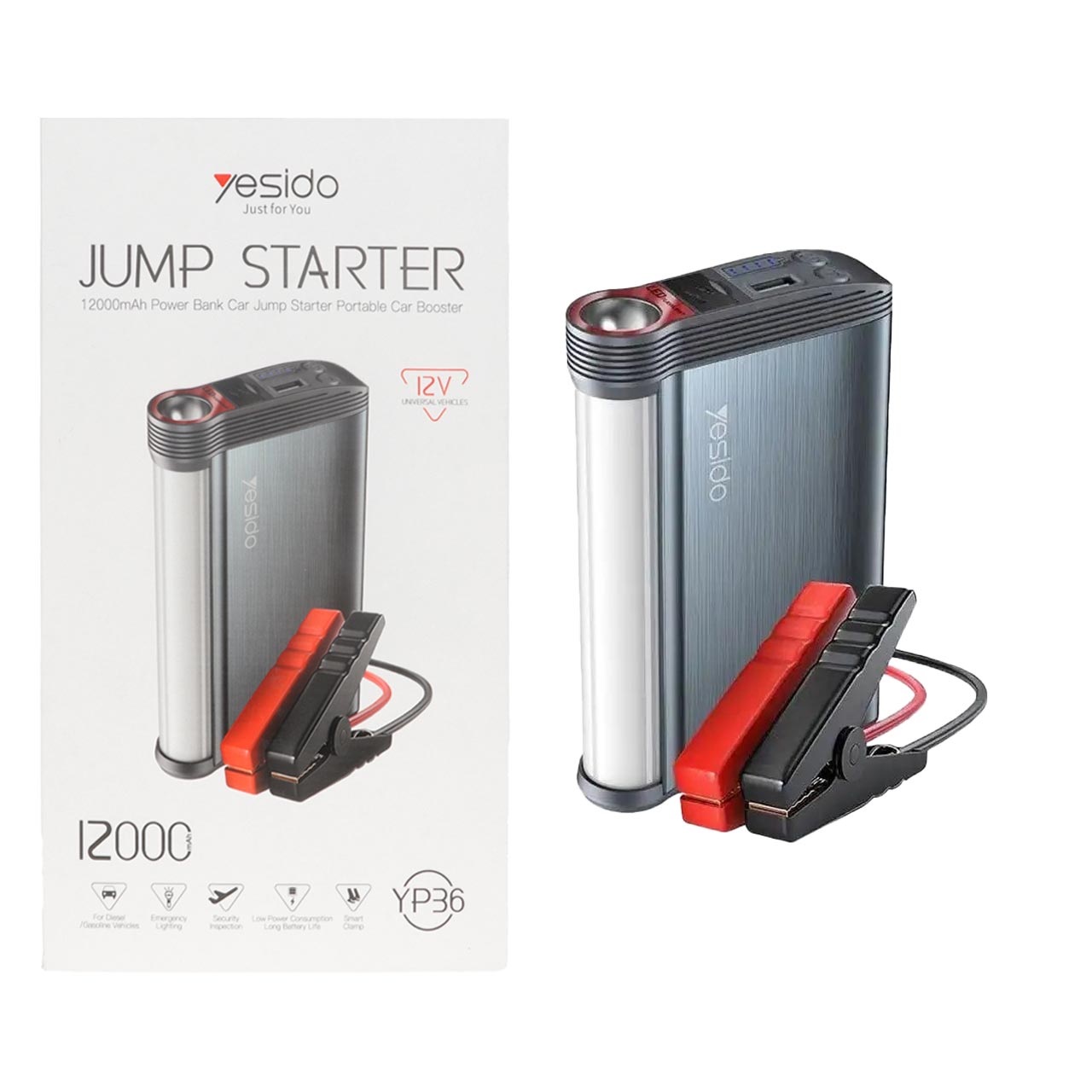 جامپ استارتر خودرو و پاوربانک Yesido 12000mAh مدل YP36 - مشکی (گارانتی 18 ماه تعویض نیکان همراه)