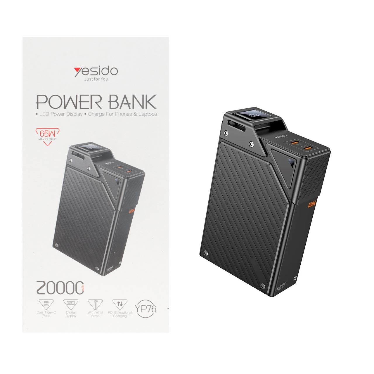 پاوربانک فست شارژ Yesido 20000mAh مدل YP76 65W - مشکی - قابلیت شارژ لپتاپ (گارانتی 18 ماه تعویض نیکان همراه)